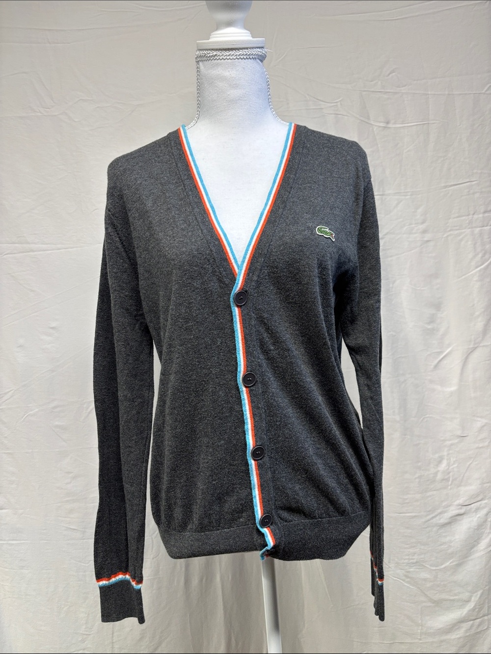 Lacoste Charcoal V-Neck Cardigan with Blue and Orange Trim